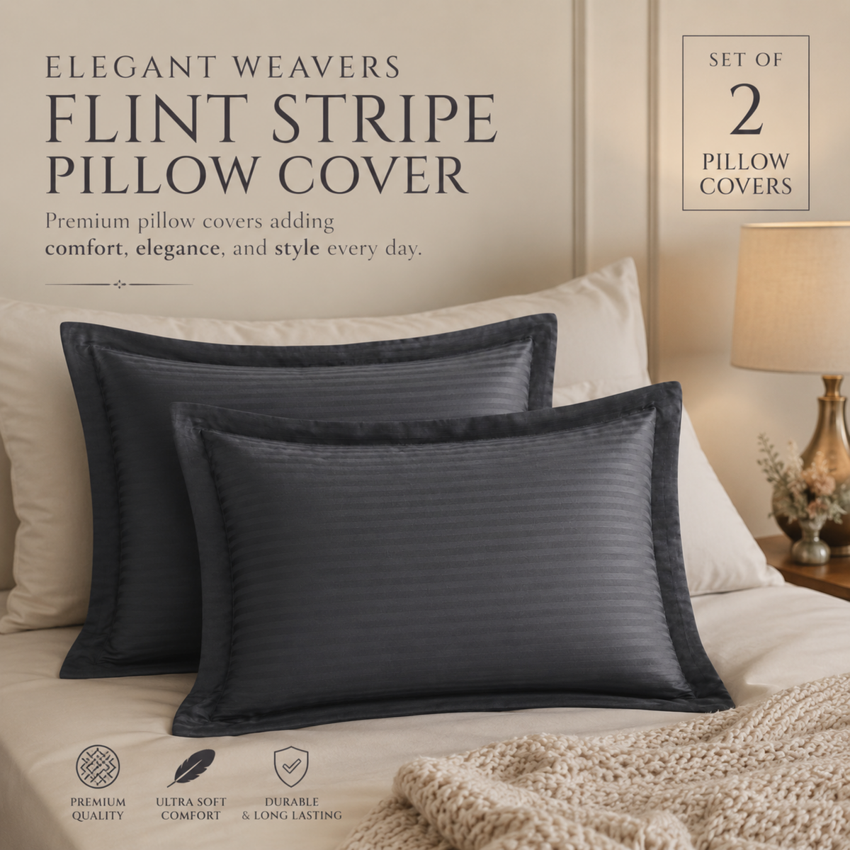 Elegant Weavers Flint Stripe Pillow Cover Set of 2 Grey (45x67 cm)