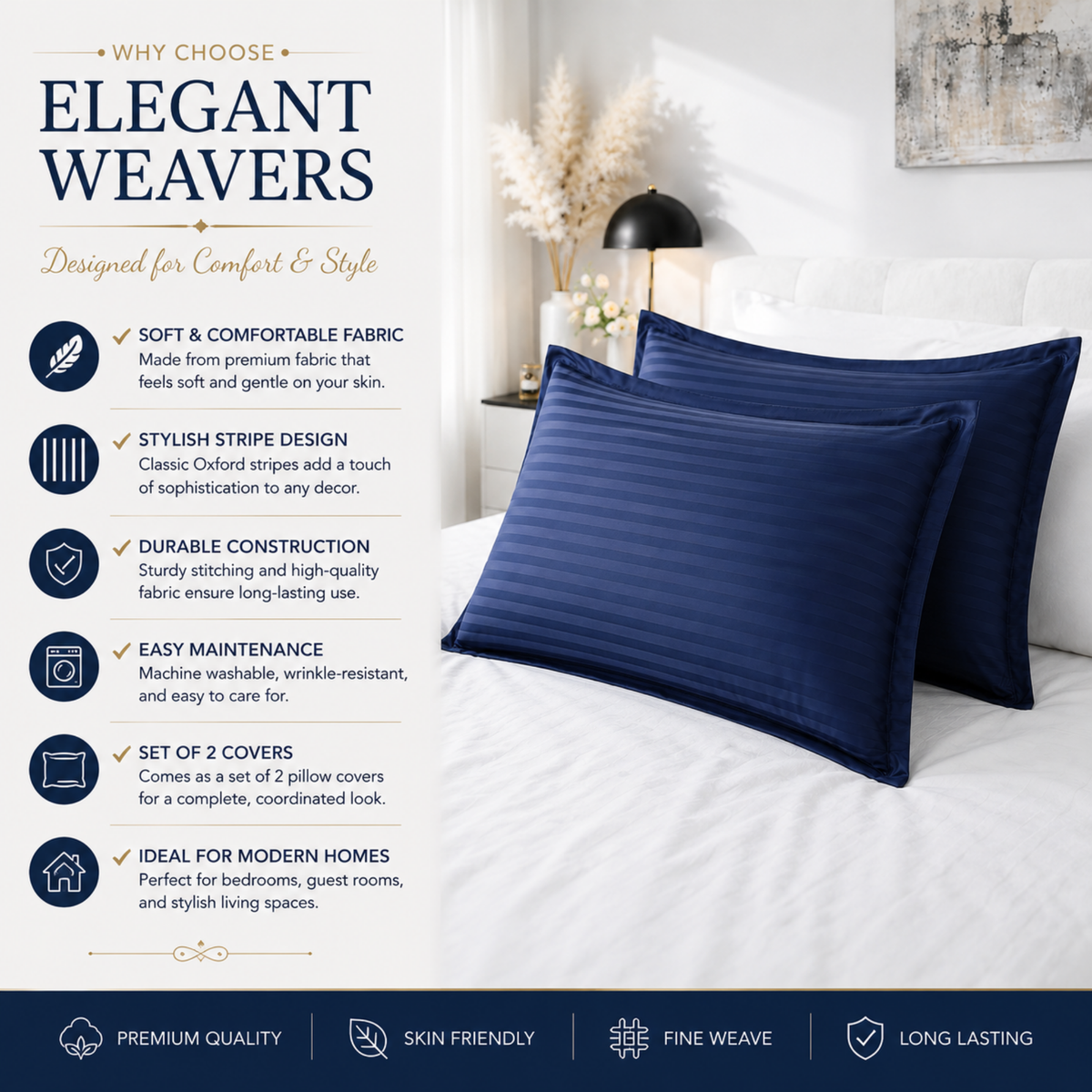 Elegant Weavers Oxford Stripe Pillow Cover Set of 2 (45x67 cm)
