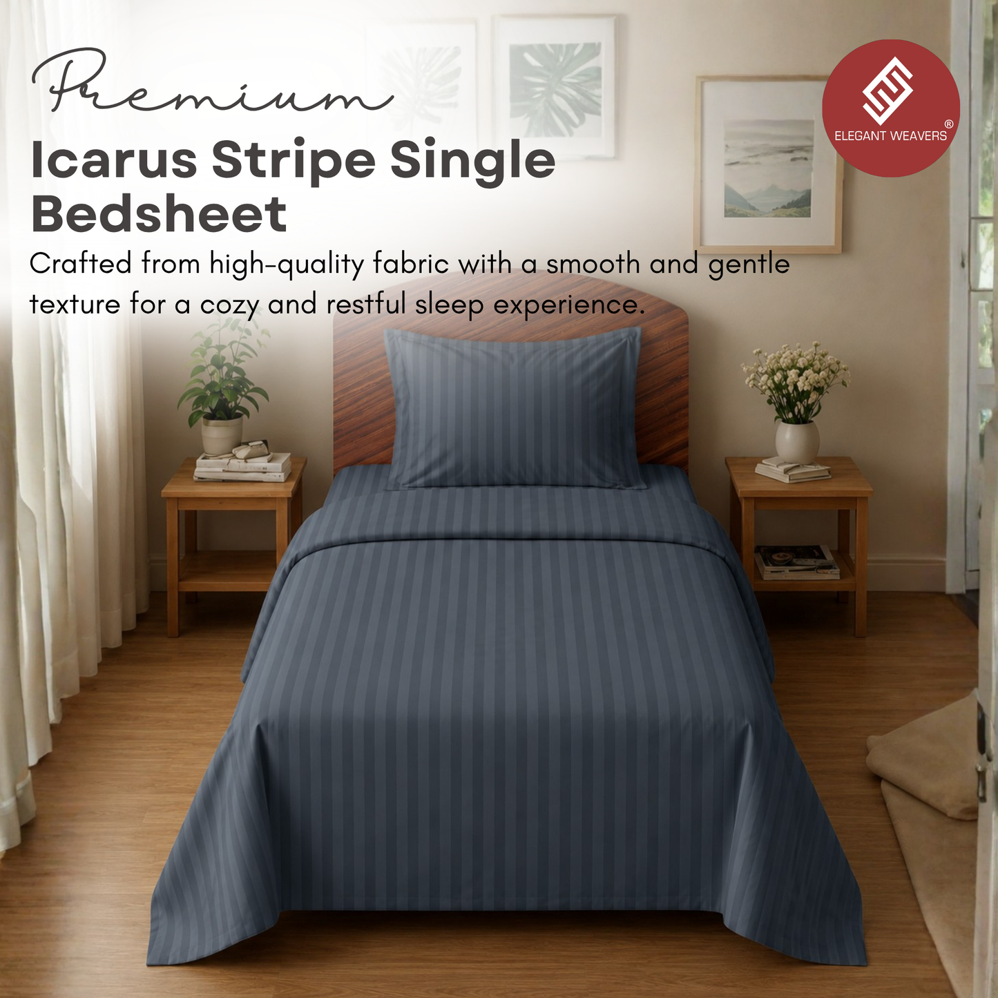 Elegant Weavers Icarus Stripe Single Bedsheet Grey with Pillow Cover (150x220 cm) | Microfiber Bedding Set | Soft, Durable & Easy Care