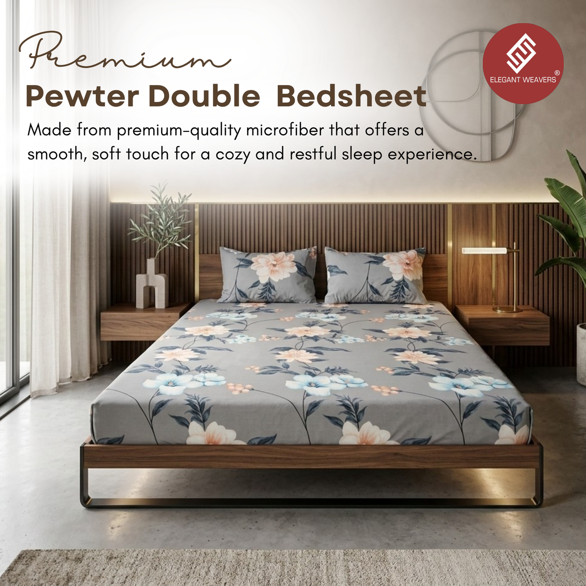 Elegant Weavers Pewter Double Bedsheet with 2 Pillow Covers (215x230 cm)