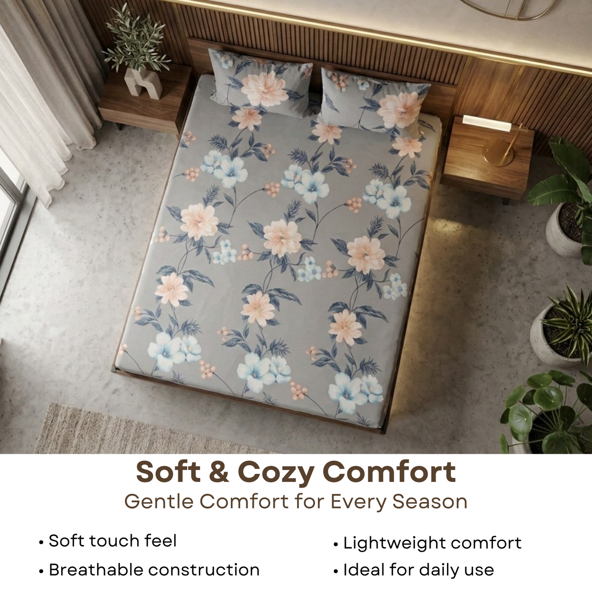 Elegant Weavers Pewter Double Bedsheet with 2 Pillow Covers (215x230 cm)