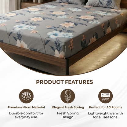 Elegant Weavers Pewter Double Bedsheet with 2 Pillow Covers (215x230 cm) | Microfiber Spring Design Bedding Set | Soft, Durable & Easy Care