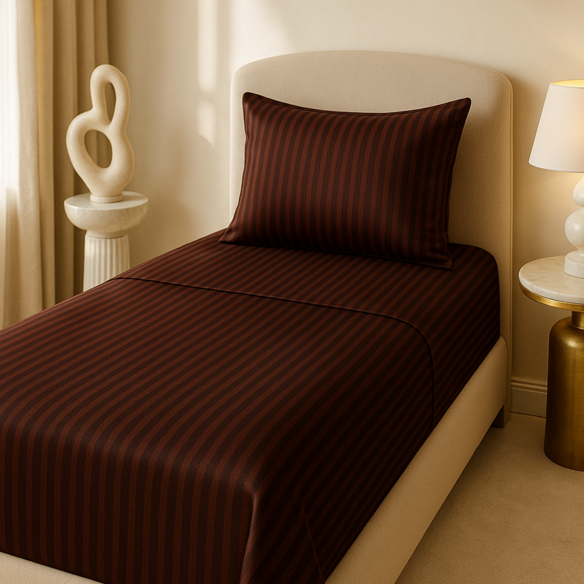 Elegant Weavers Pandora Stripe Single Bedsheet Brown with Pillow Cover (150x220 cm)