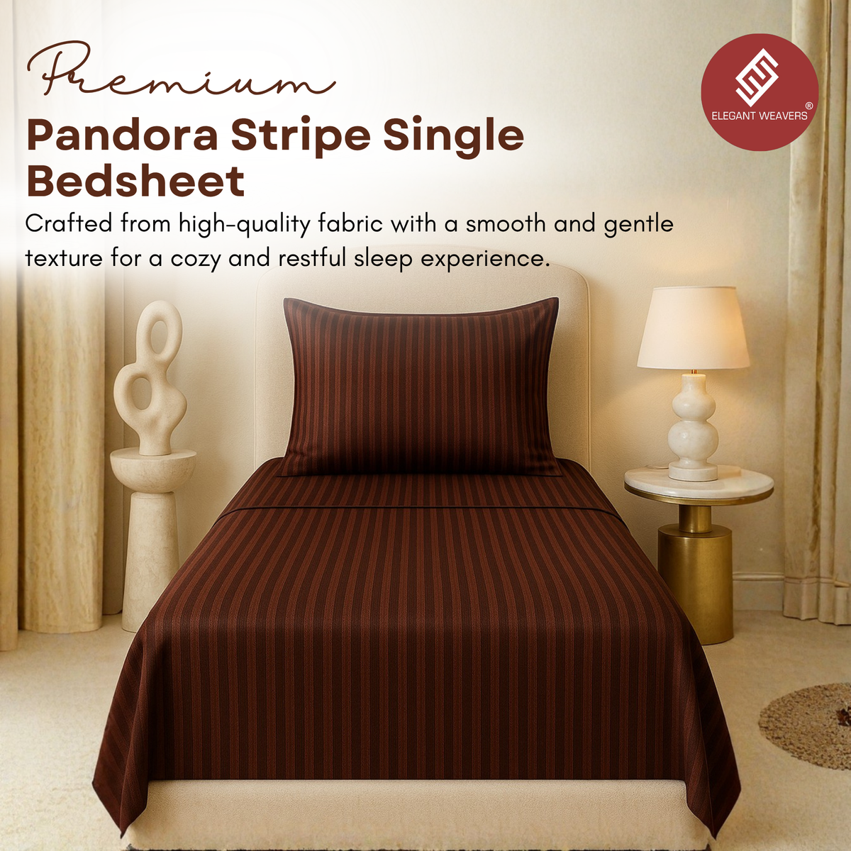 Elegant Weavers Pandora Stripe Single Bedsheet Brown with Pillow Cover (150x220 cm)