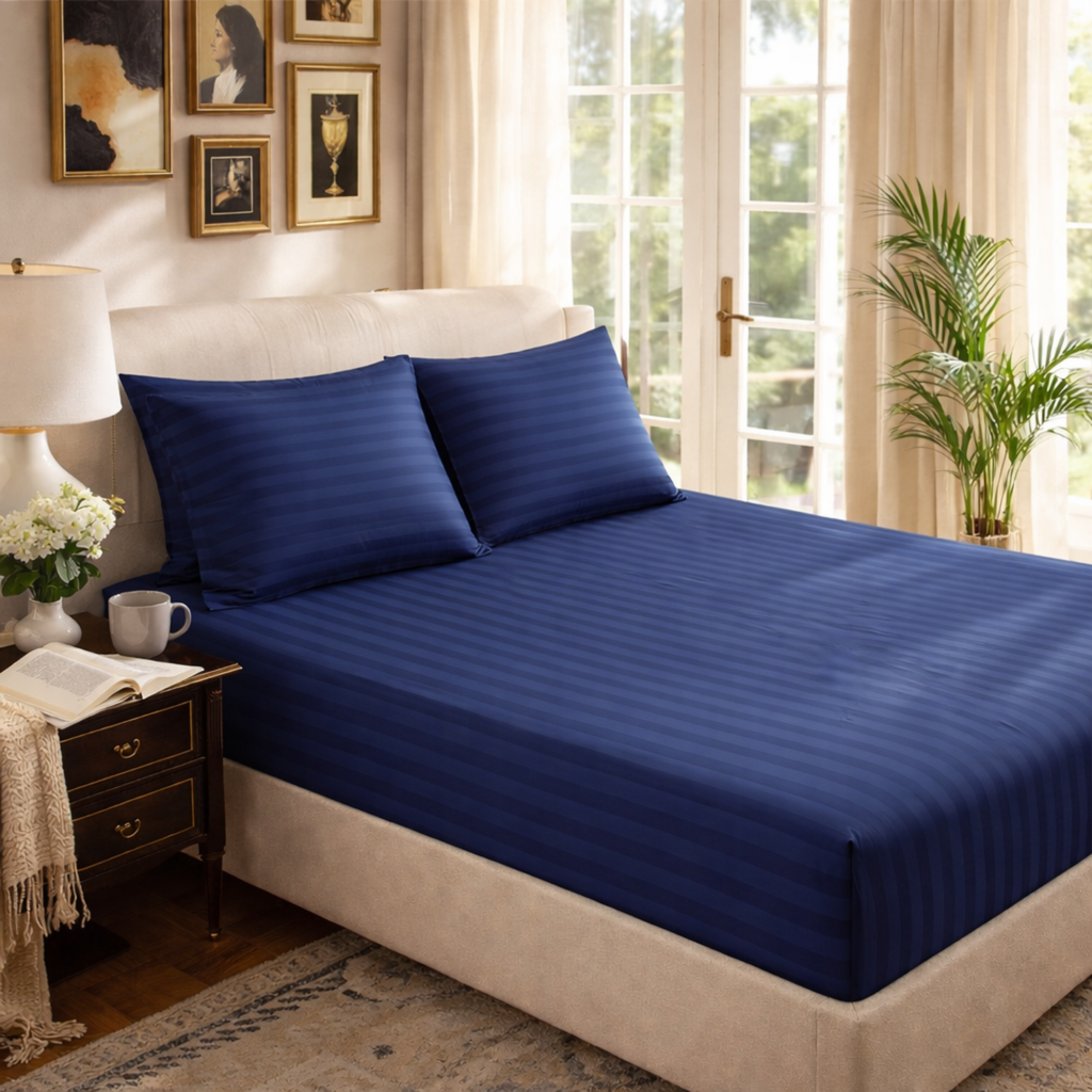 Elegant Weavers Hercules Stripe Double Bedsheet Navy with 2 Pillow Covers (220x240 cm)
