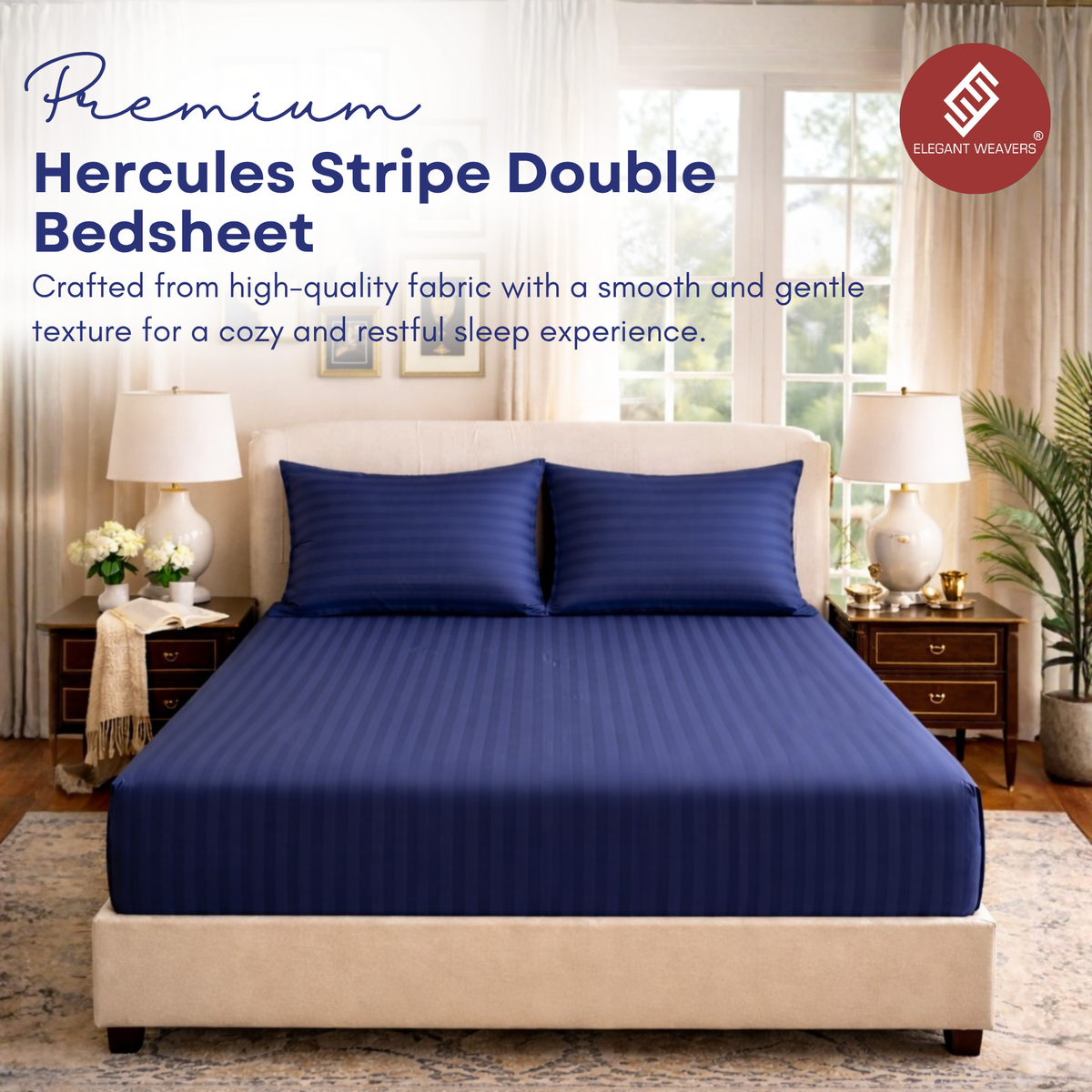 Elegant Weavers Hercules Stripe Double Bedsheet Navy with 2 Pillow Covers (220x240 cm)