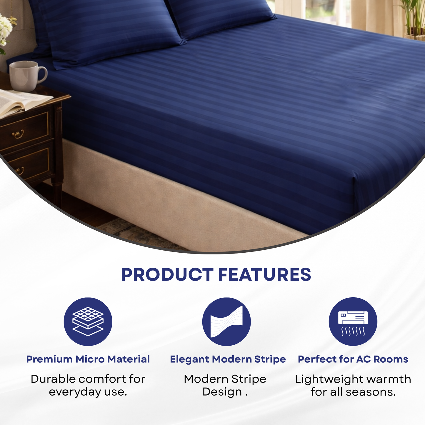 Elegant Weavers Hercules Stripe Double Bedsheet Navy with 2 Pillow Covers (220x240 cm) | Microfiber Bedding Set | Soft, Durable & Easy Care