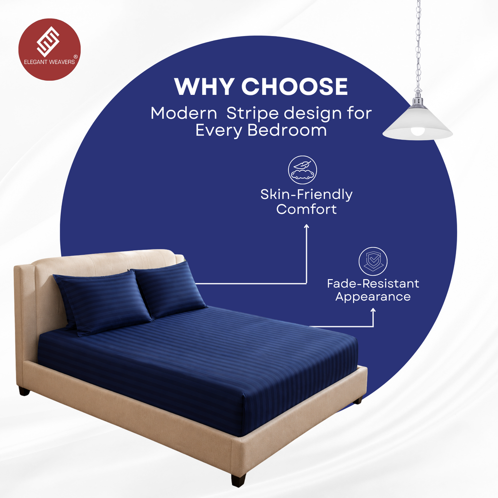 Elegant Weavers Hercules Stripe Double Bedsheet Navy with 2 Pillow Covers (220x240 cm)